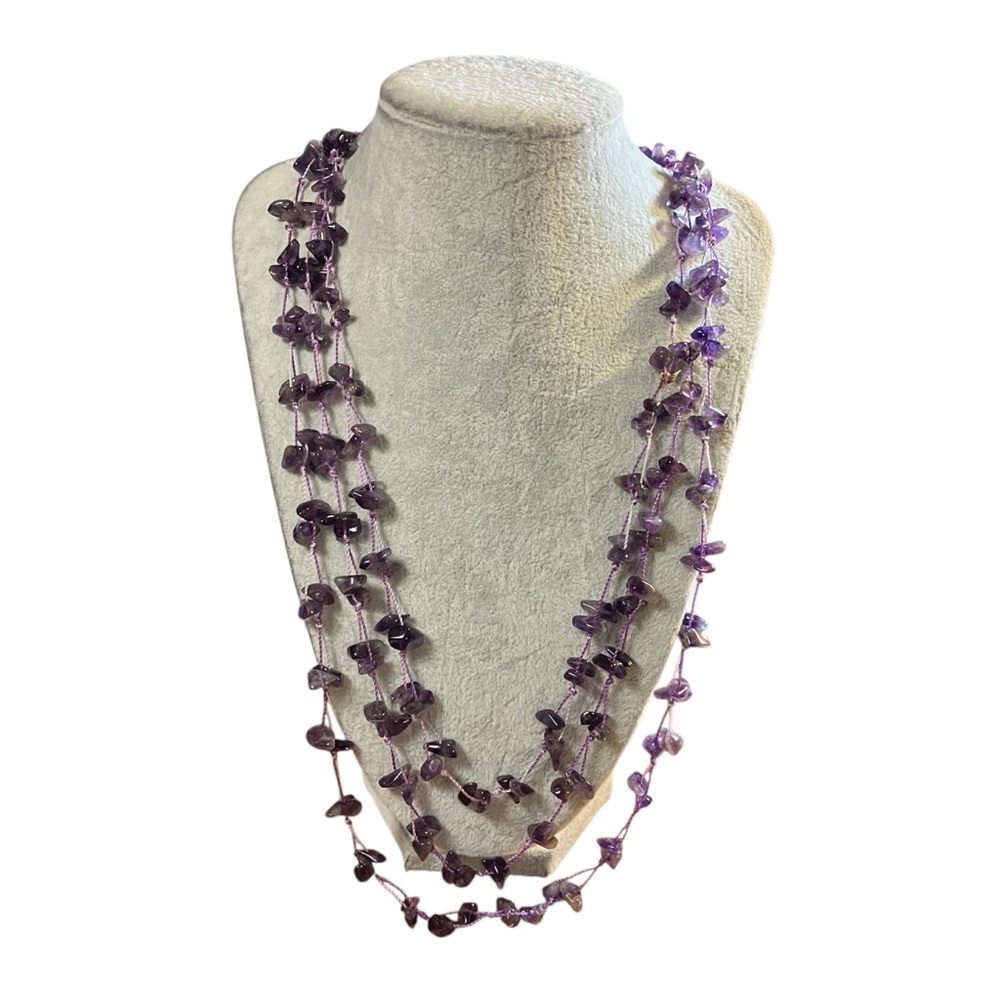 Artisan Amethyst Chip Triple Strand Necklace Toggle Closure Purple Gemstone